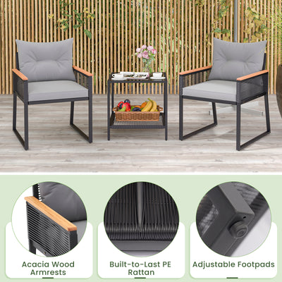 3 Pieces Patio Furniture Set with 2 Tier Coffee Table and Soft Seat Cushions-Gray