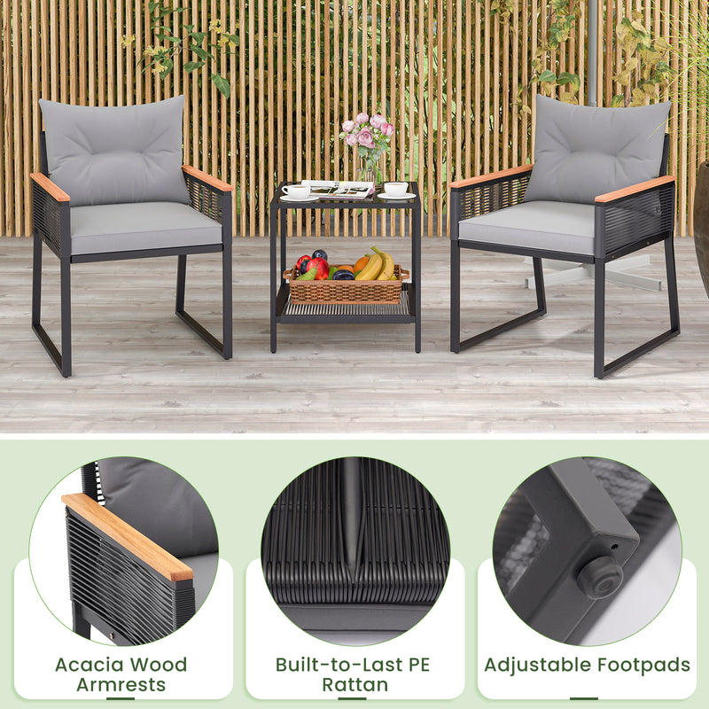 3 Pieces Patio Furniture Set with 2 Tier Coffee Table and Soft Seat Cushions-Gray