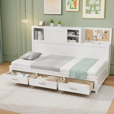 Twin/Full Size Wooden Daybed with 3 Drawers with Storage Shelves-Full Size