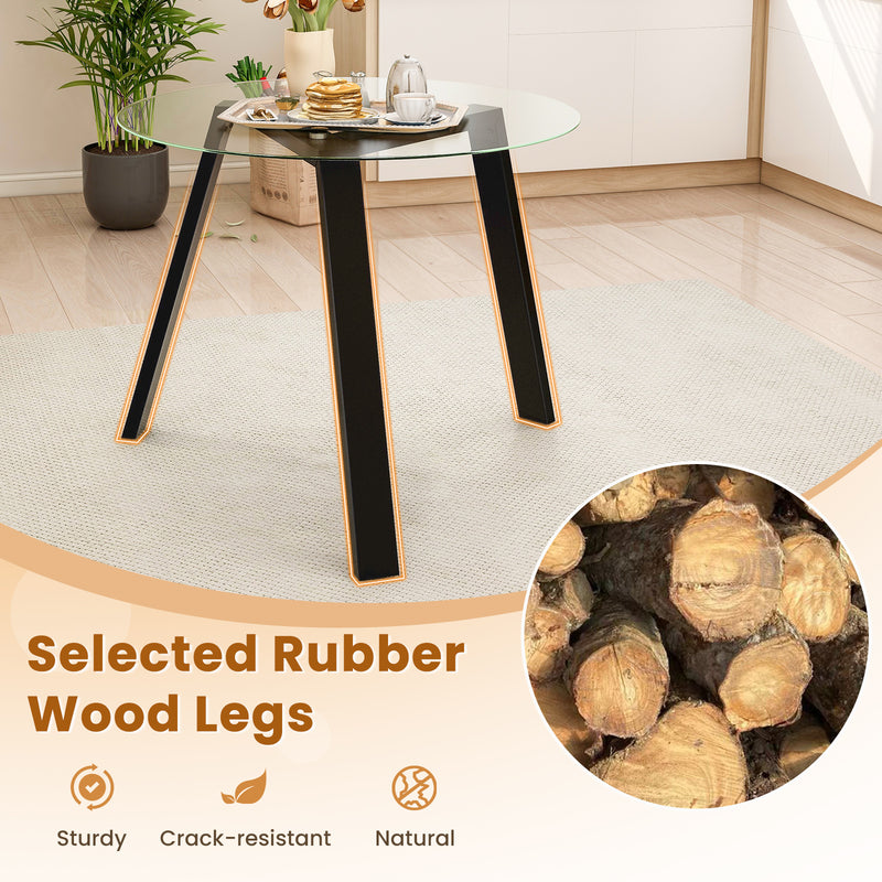 36 Inches Round Glass Dining Table for 4 with Rubber Wood Frame-Black