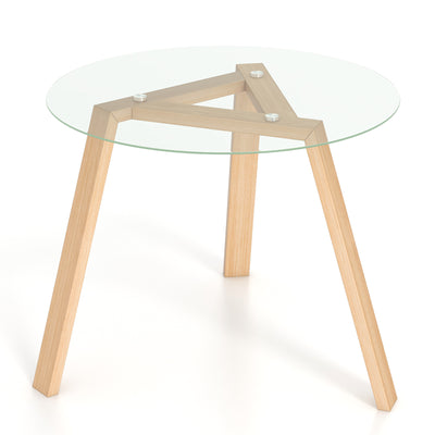 36 Inches Round Glass Dining Table for 4 with Rubber Wood Frame-Natural