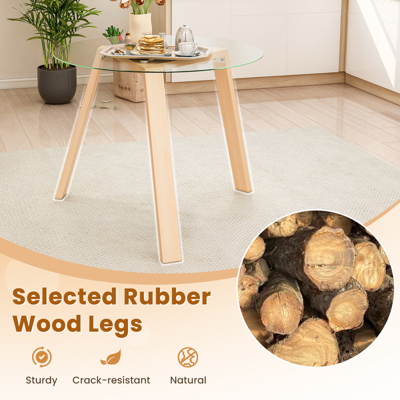 36 Inches Round Glass Dining Table for 4 with Rubber Wood Frame-Natural