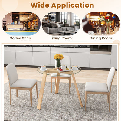 36 Inches Round Glass Dining Table for 4 with Rubber Wood Frame-Natural