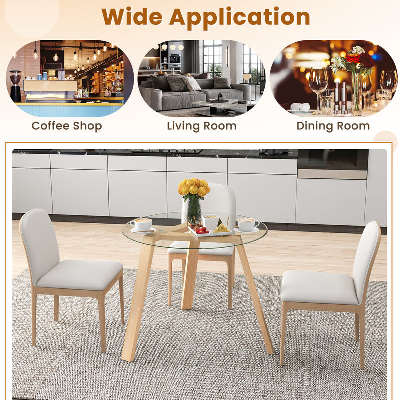 36 Inches Round Glass Dining Table for 4 with Rubber Wood Frame-Natural