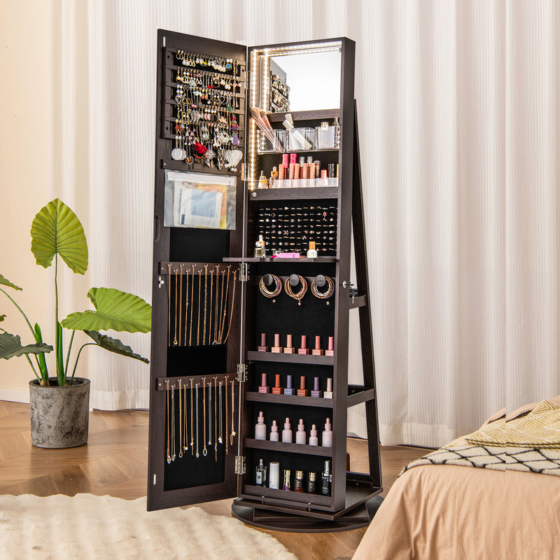 360° Rotating Mirrored Jewelry Cabinet Armoire 3 Color LED Modes Lockable-Espresso