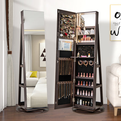 360° Rotating Mirrored Jewelry Cabinet Armoire 3 Color LED Modes Lockable-Espresso