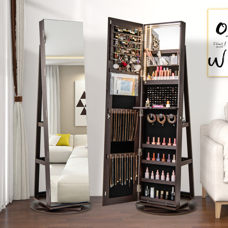 360° Rotating Mirrored Jewelry Cabinet Armoire 3 Color LED Modes Lockable-Espresso