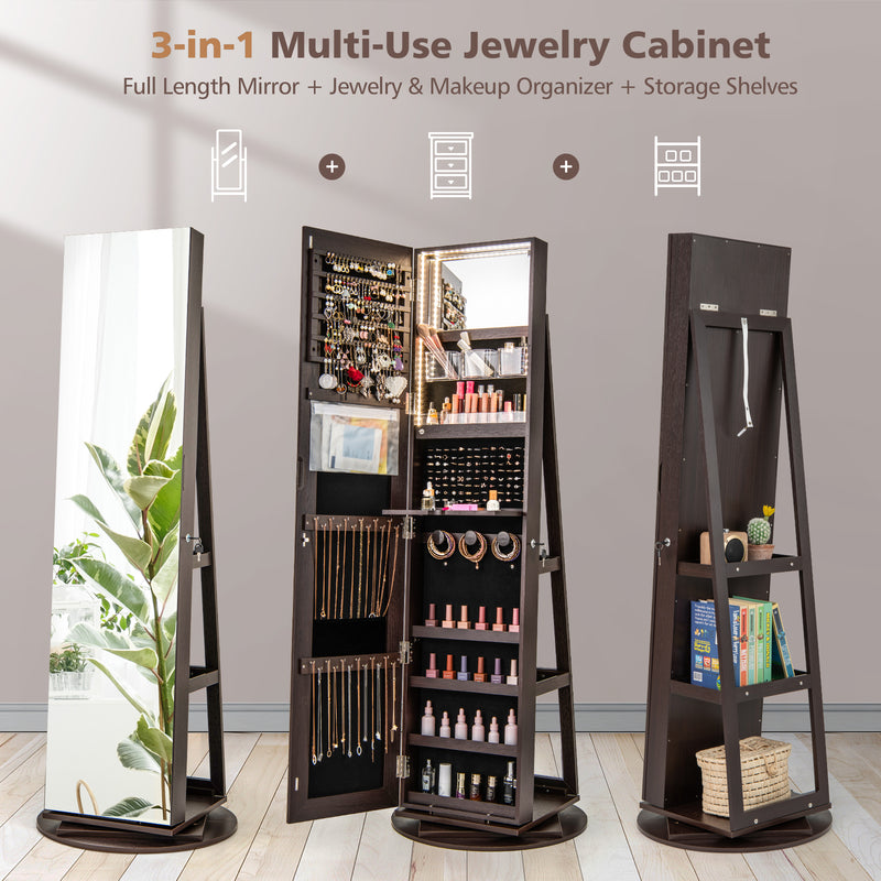 360° Rotating Mirrored Jewelry Cabinet Armoire 3 Color LED Modes Lockable-Espresso