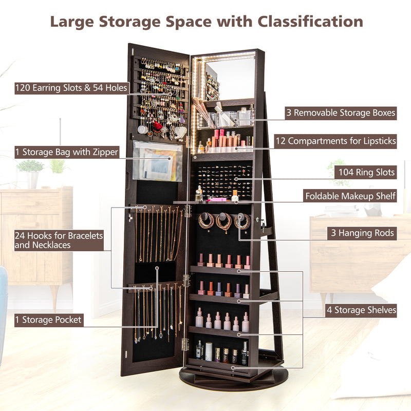 360° Rotating Mirrored Jewelry Cabinet Armoire 3 Color LED Modes Lockable-Espresso