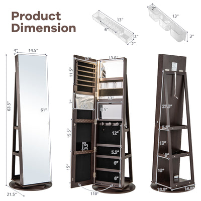 360° Rotating Mirrored Jewelry Cabinet Armoire 3 Color LED Modes Lockable-Espresso