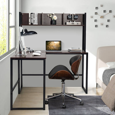 Reversible L-Shaped Corner Desk with Storage Bookshelf-Dark Brown
