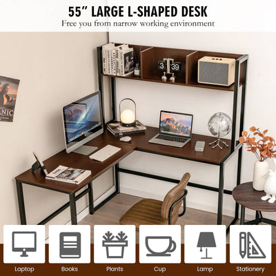 Reversible L-Shaped Corner Desk with Storage Bookshelf-Dark Brown