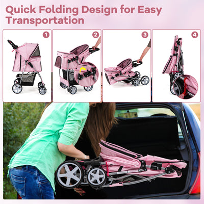 Folding Pet Stroller with Storage Basket and Adjustable Canopy-Pink