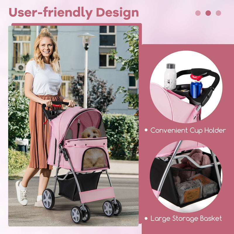 Folding Pet Stroller with Storage Basket and Adjustable Canopy-Pink