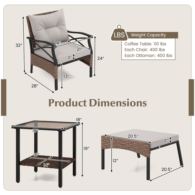 5 Pieces Wicker Patio Furniture Set Ottomans and Cushions and 2-Tier Tempered Glass Side Table-Brown