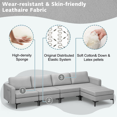 Modular L-shaped Sectional Sofa with Reversible Ottoman and 2 USB Ports-Light Gray