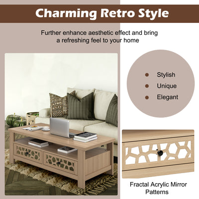 *3-tier Coffee Table with 2 Drawers and 5 Support Legs - Natural