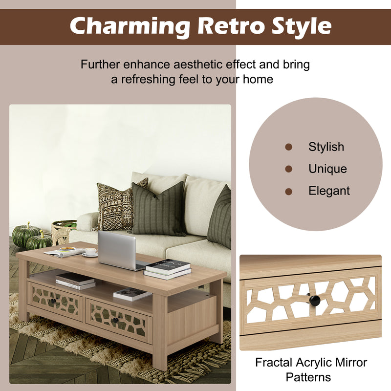 *3-tier Coffee Table with 2 Drawers and 5 Support Legs - Natural