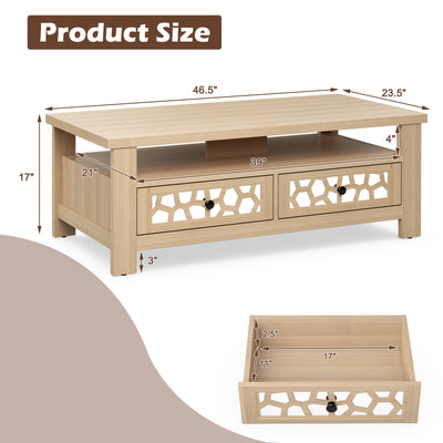 *3-tier Coffee Table with 2 Drawers and 5 Support Legs - Natural