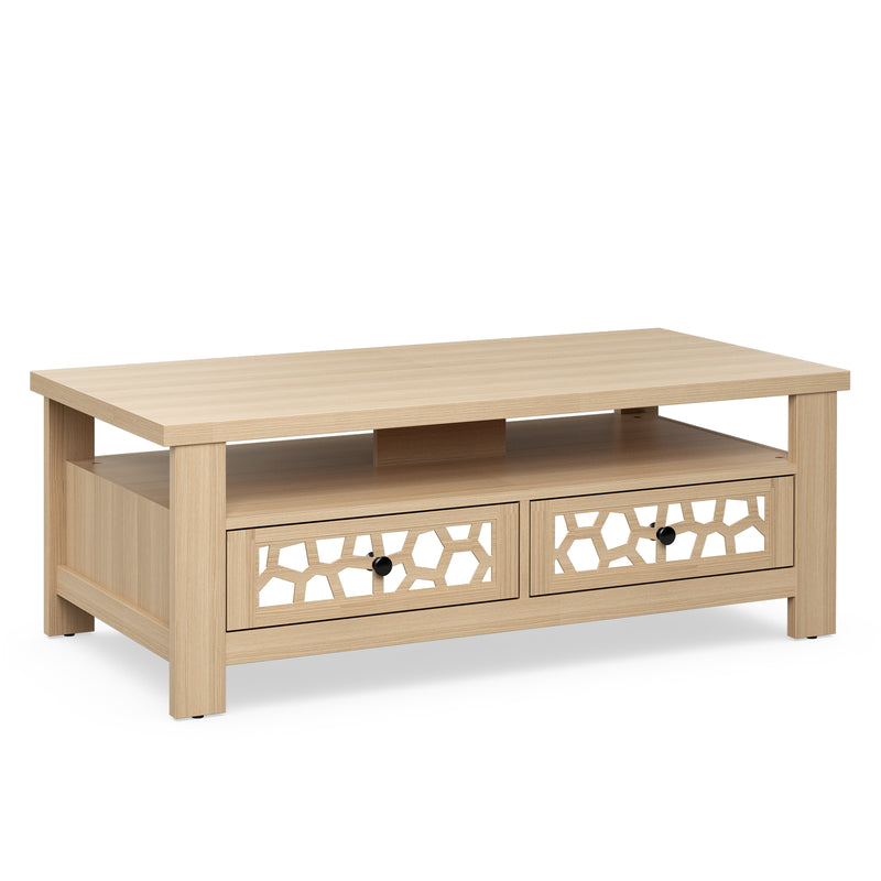 *3-tier Coffee Table with 2 Drawers and 5 Support Legs - Natural
