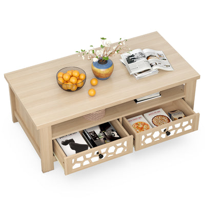 *3-tier Coffee Table with 2 Drawers and 5 Support Legs - Natural