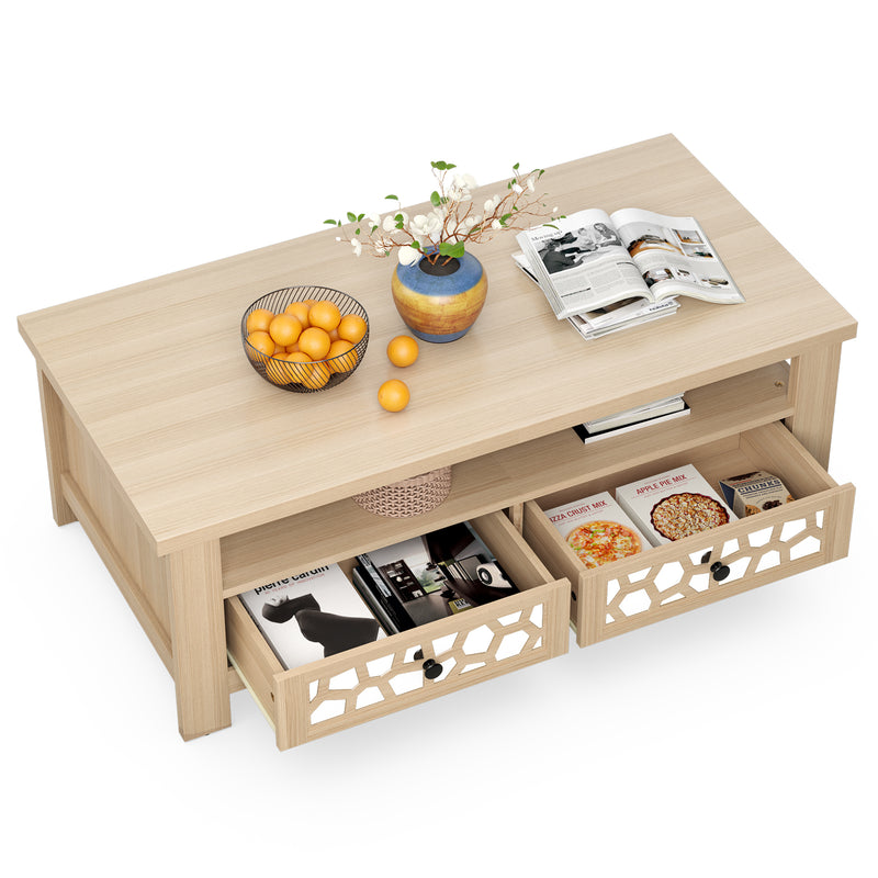 *3-tier Coffee Table with 2 Drawers and 5 Support Legs - Natural