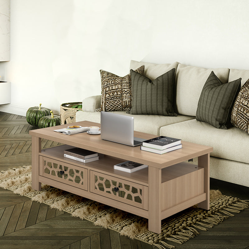 *3-tier Coffee Table with 2 Drawers and 5 Support Legs - Natural