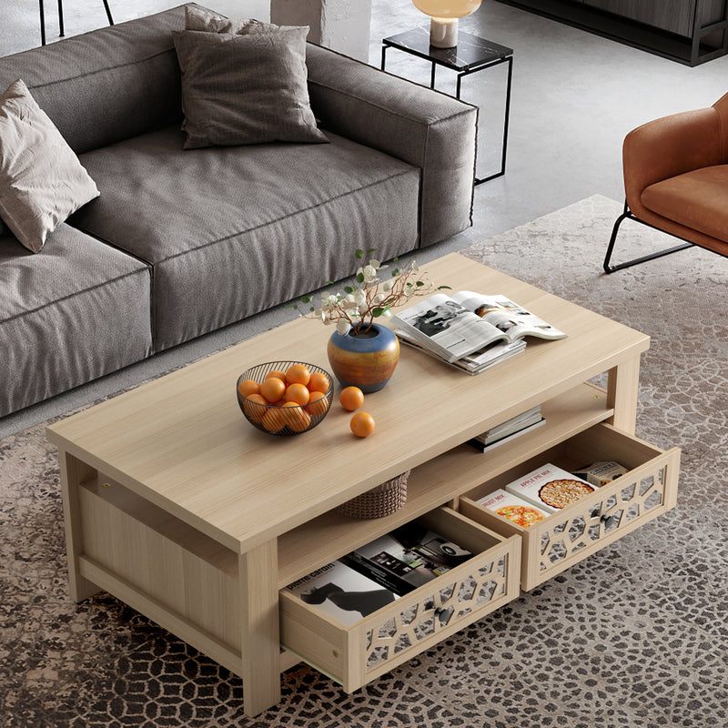 *3-tier Coffee Table with 2 Drawers and 5 Support Legs - Natural