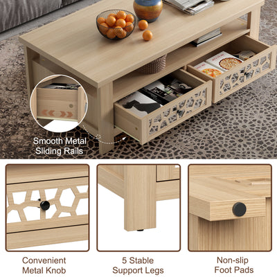 *3-tier Coffee Table with 2 Drawers and 5 Support Legs - Natural
