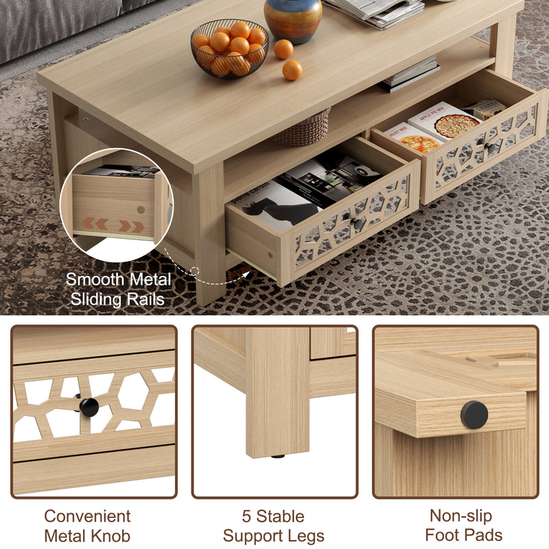 *3-tier Coffee Table with 2 Drawers and 5 Support Legs - Natural