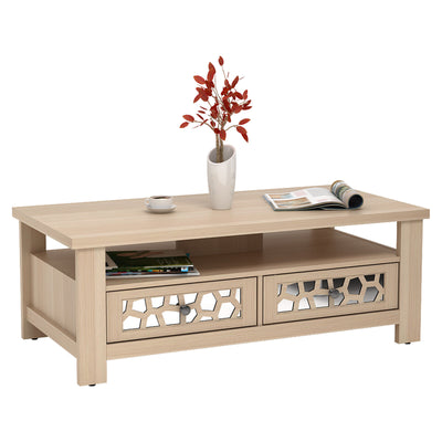 *3-tier Coffee Table with 2 Drawers and 5 Support Legs - Natural