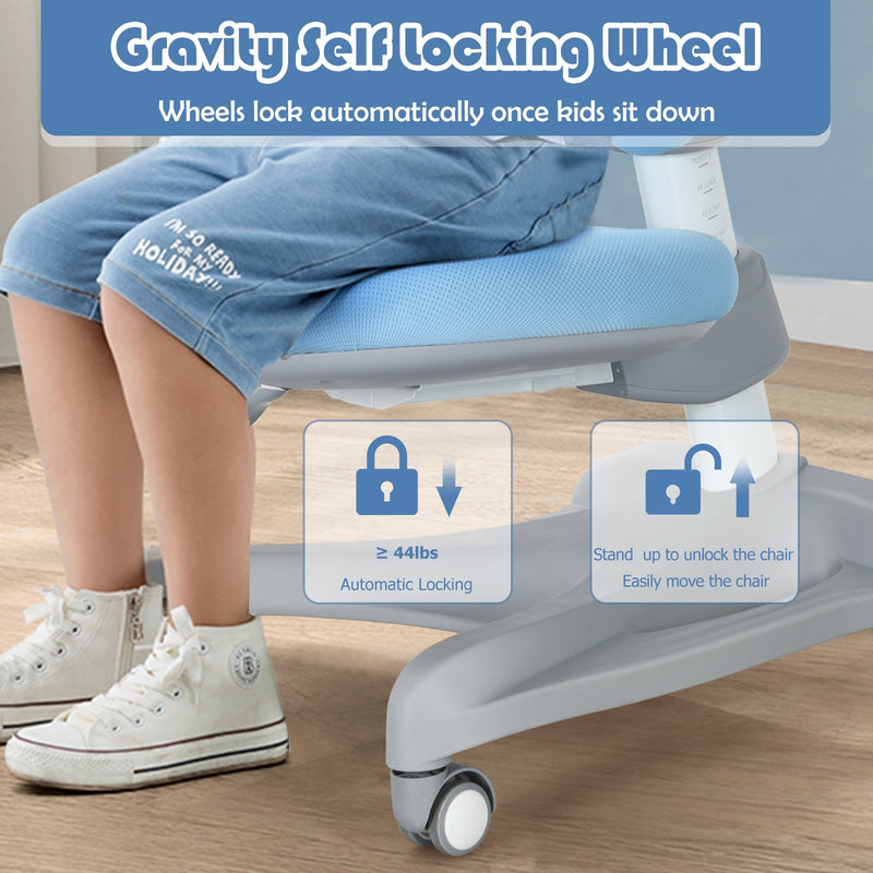 Adjustable Height Student Chair with Sit-Brake Casters and Lumbar Support for Home and School-Blue