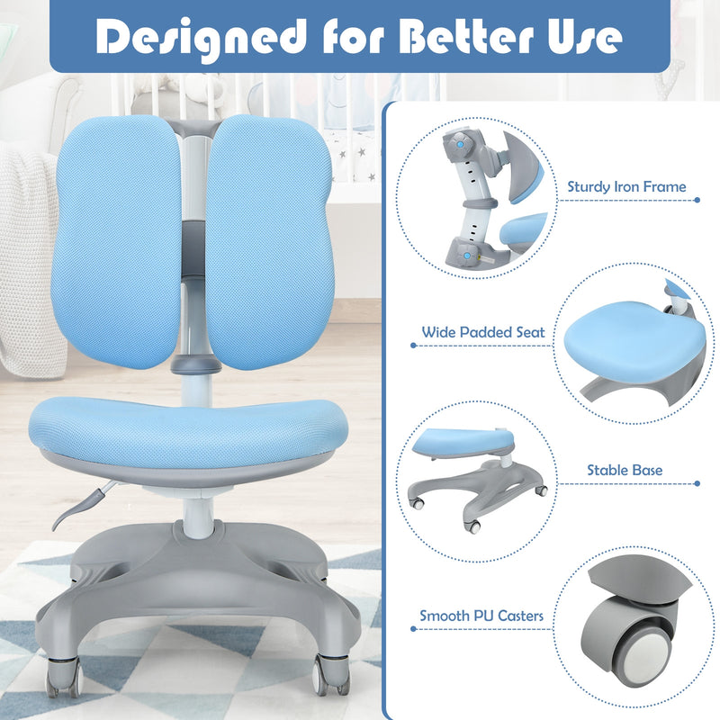 Adjustable Height Student Chair with Sit-Brake Casters and Lumbar Support for Home and School-Blue