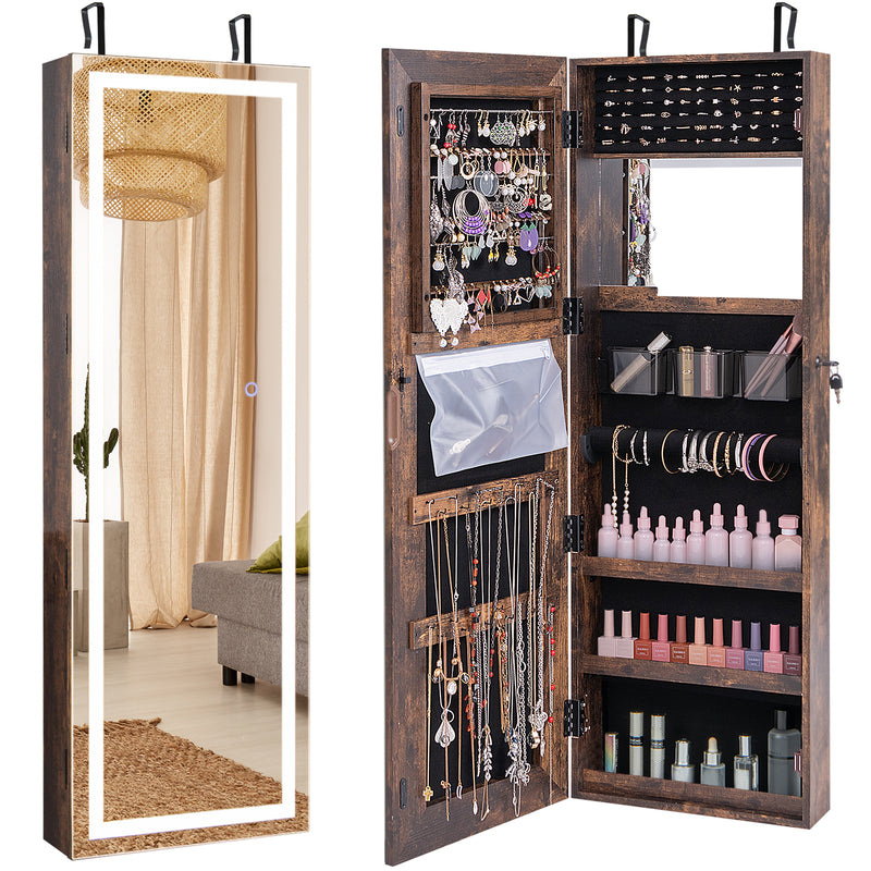 Mirrored Jewelry Armoire with Full Length Mirror and 2 Internal LED Lights-Rustic Brown