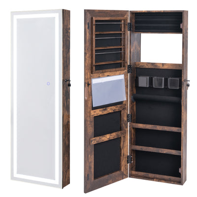 Mirrored Jewelry Armoire with Full Length Mirror and 2 Internal LED Lights-Rustic Brown