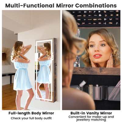 Mirrored Jewelry Armoire with Full Length Mirror and 2 Internal LED Lights-Rustic Brown