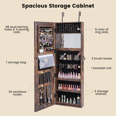 Mirrored Jewelry Armoire with Full Length Mirror and 2 Internal LED Lights-Rustic Brown