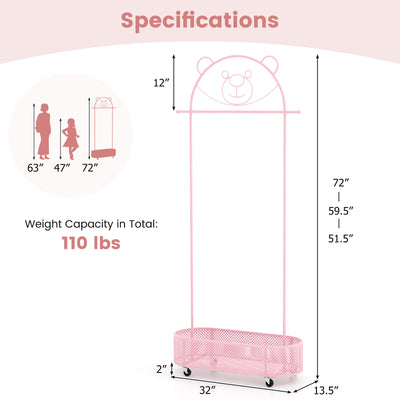 Kid Clothes Rack with 3 Adjustable Heights and Wheels-Pink