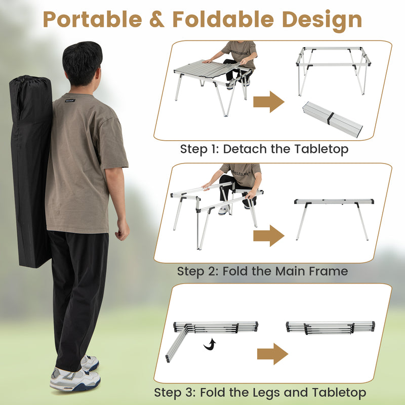 Folding Camping Table Picnic Table with Storage Bag and Waterproof Desktop-Silver