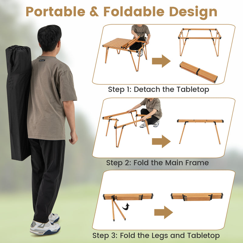 Folding Camping Table Picnic Table with Storage Bag and Waterproof Desktop-Brown