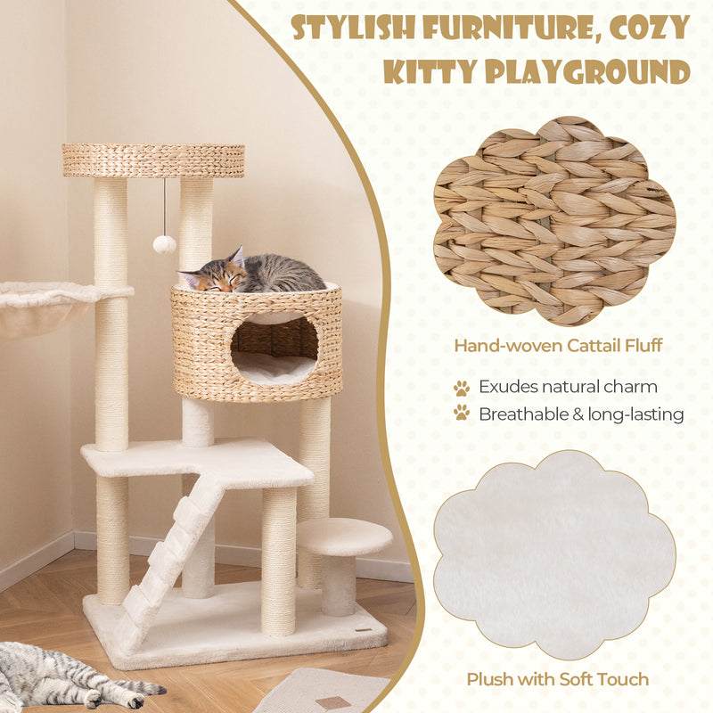 Modern Cat Tree for Indoor Cats with Cattail Fluff Condo and Top Perch-Natural