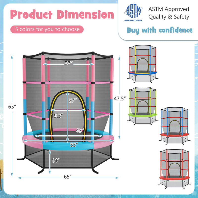 55 Inch Kids Recreational Trampoline Bouncing Jumping Mat with Enclosure Net-Pink