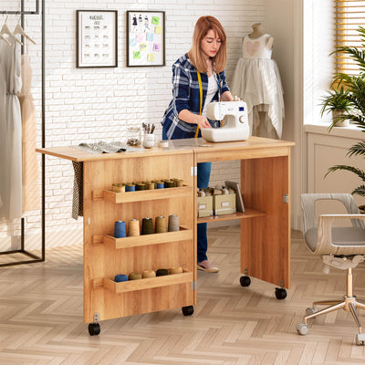*Folding Sewing Craft Table Shelf Storage Cabinet Home Furniture - Natural