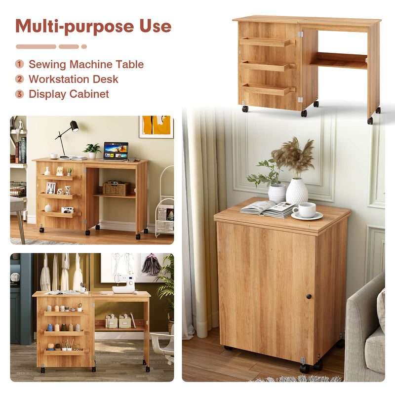 *Folding Sewing Craft Table Shelf Storage Cabinet Home Furniture - Natural