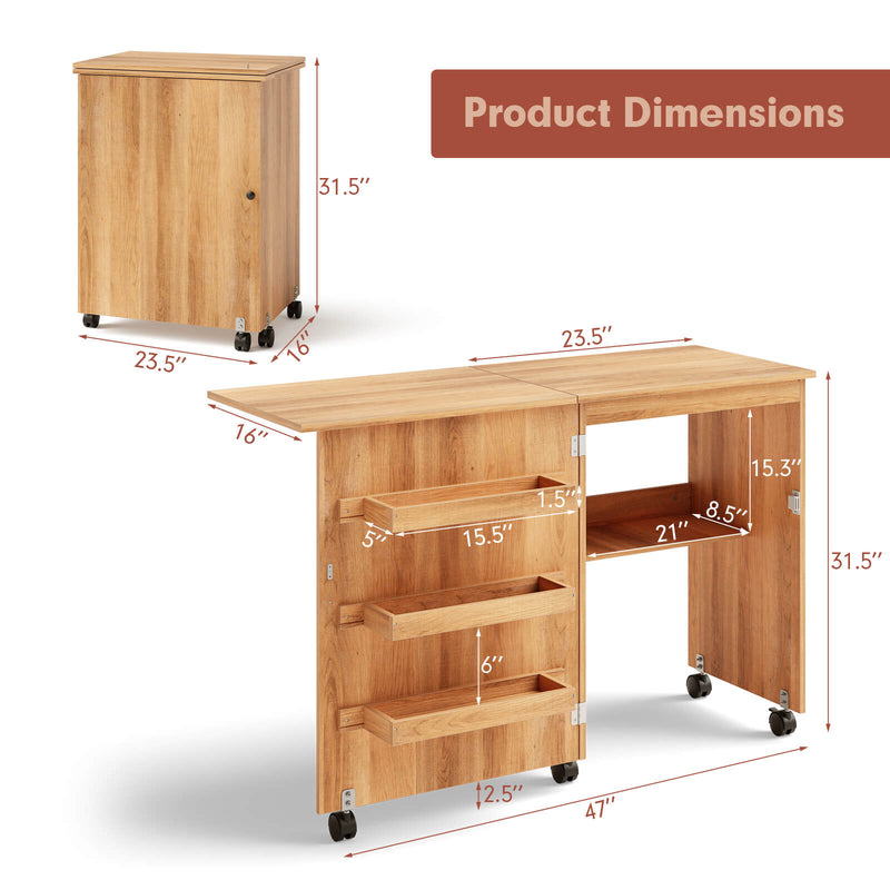 *Folding Sewing Craft Table Shelf Storage Cabinet Home Furniture - Natural
