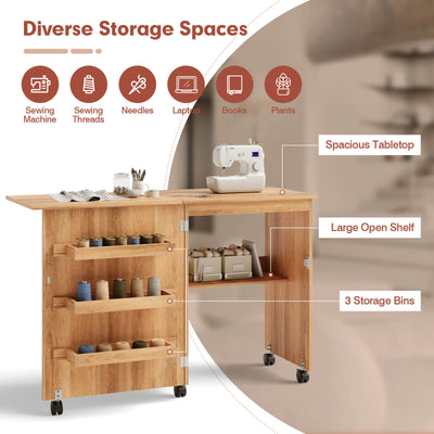 *Folding Sewing Craft Table Shelf Storage Cabinet Home Furniture - Natural