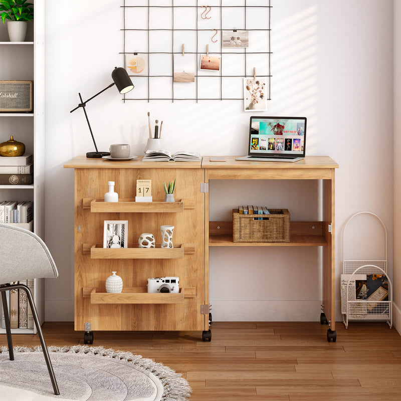 *Folding Sewing Craft Table Shelf Storage Cabinet Home Furniture - Natural