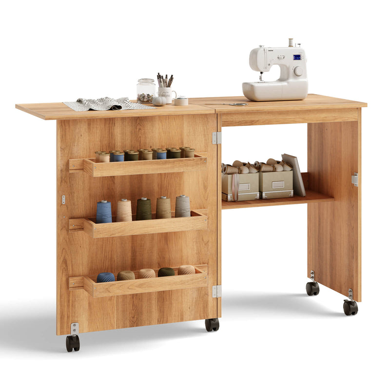 *Folding Sewing Craft Table Shelf Storage Cabinet Home Furniture - Natural