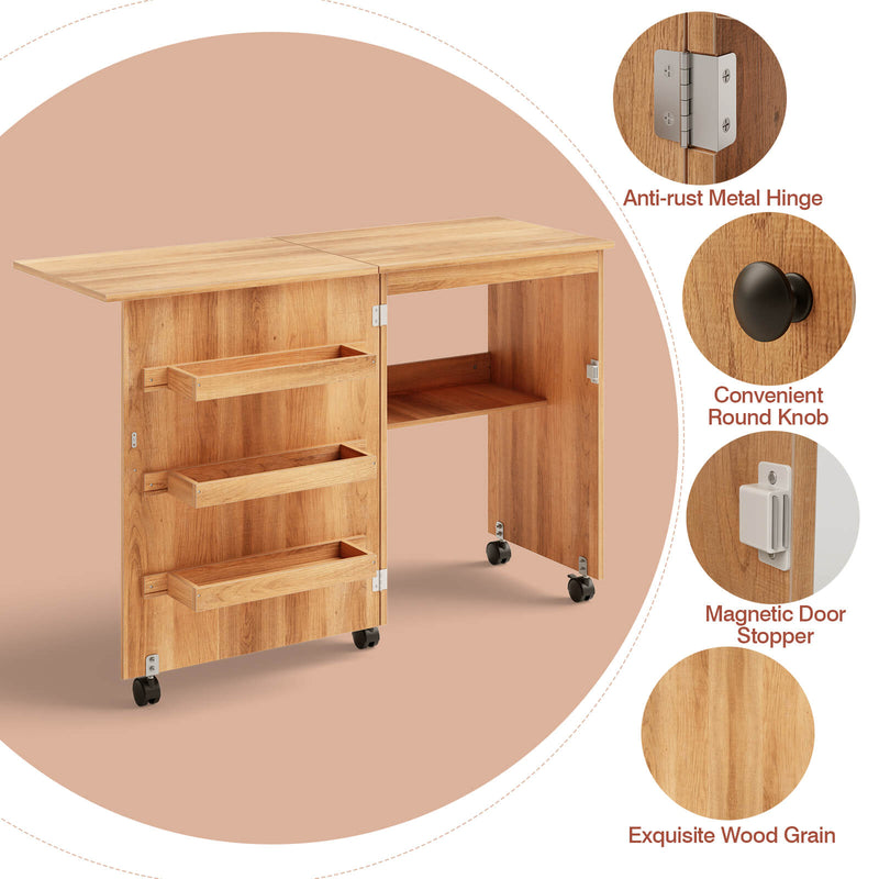 *Folding Sewing Craft Table Shelf Storage Cabinet Home Furniture - Natural