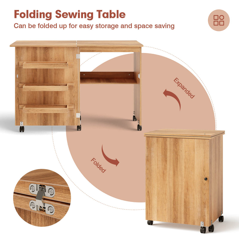*Folding Sewing Craft Table Shelf Storage Cabinet Home Furniture - Natural